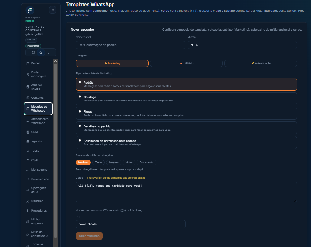 Tela de Templates do WhatsApp da plataforma Karteria, mostrando criação de modelos de mensagem para envio em massa pela API Oficial da Meta.